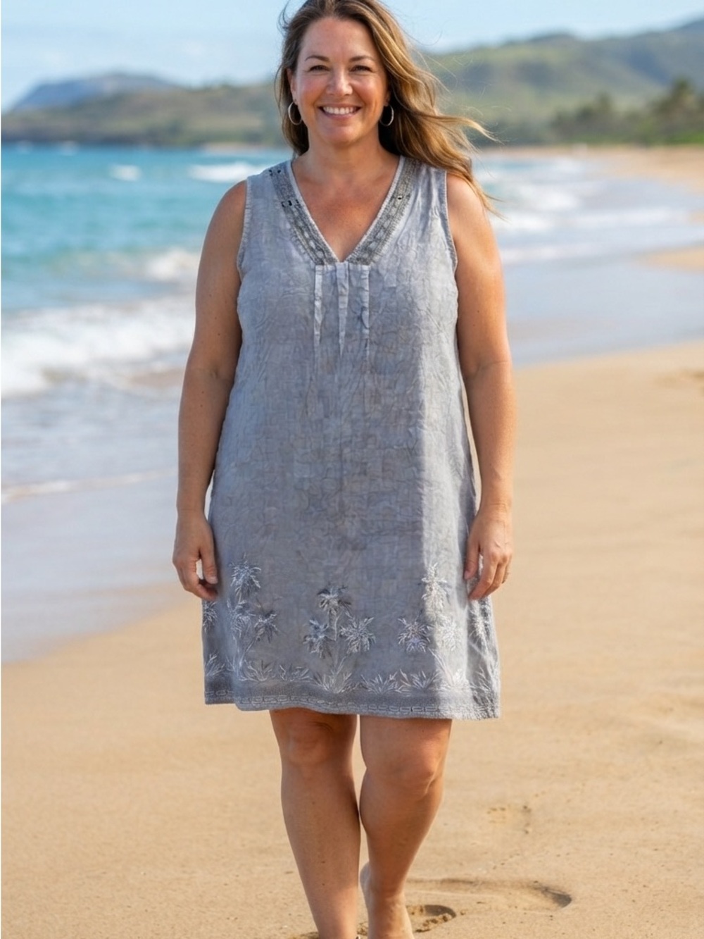 ✨3/$25 Raya Sun Sleeveless Gray NWOT Embroidered Cotton Sundress 2XL
